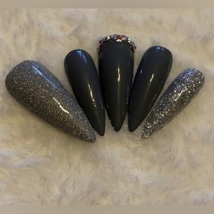 Long stiletto dark gray press on nails silver glitter handmade gel rhinestones
